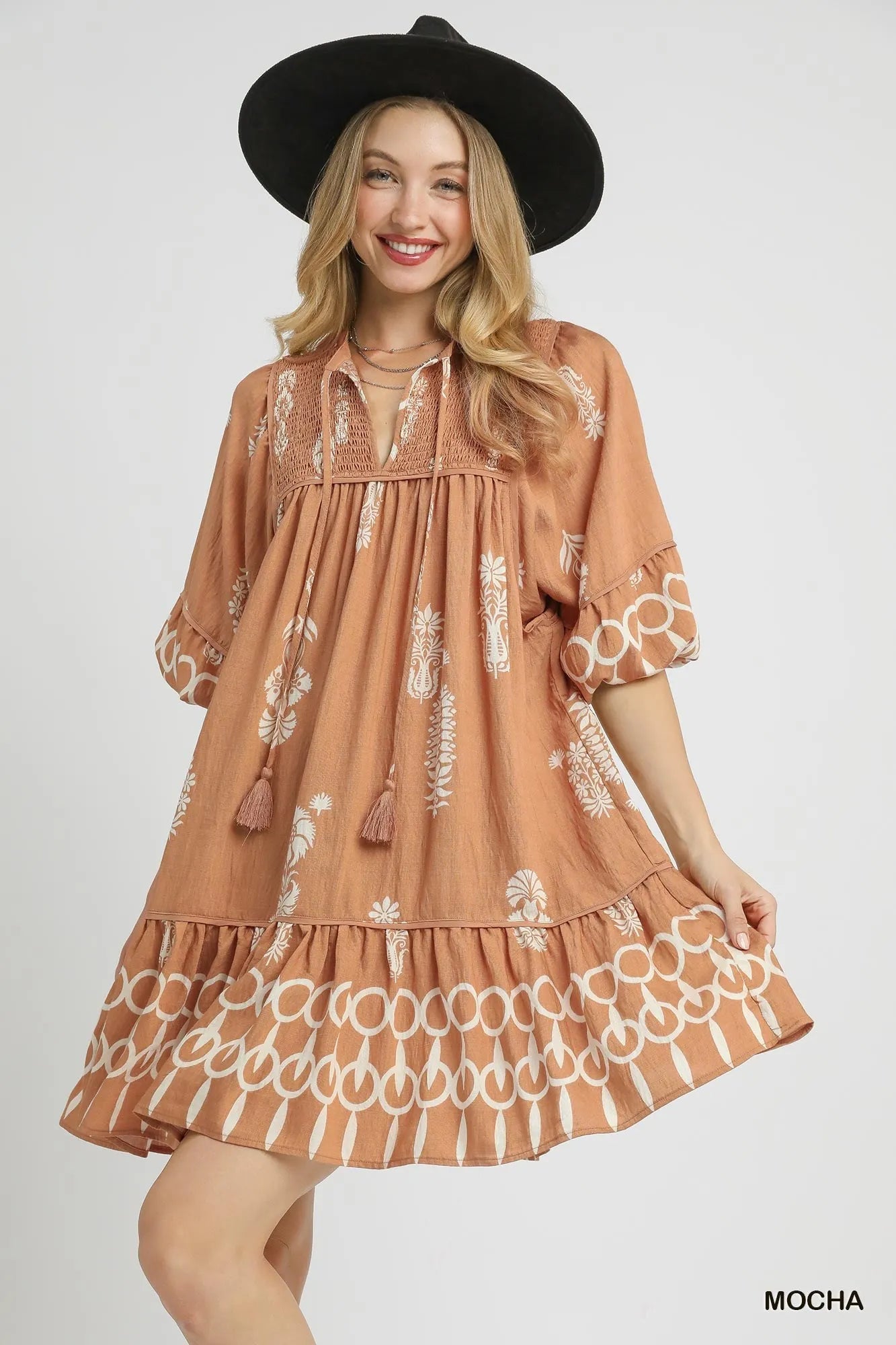 Umgee Boarder Print Tassel Tie Neck Mini Dress Mocha L Mini Dresses