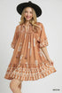 Umgee Boarder Print Tassel Tie Neck Mini Dress Mocha L Mini Dresses