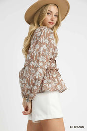 Umgee Floral Smocked Peplum Blouse with Tie Detail | Blouses Daverri Fashions