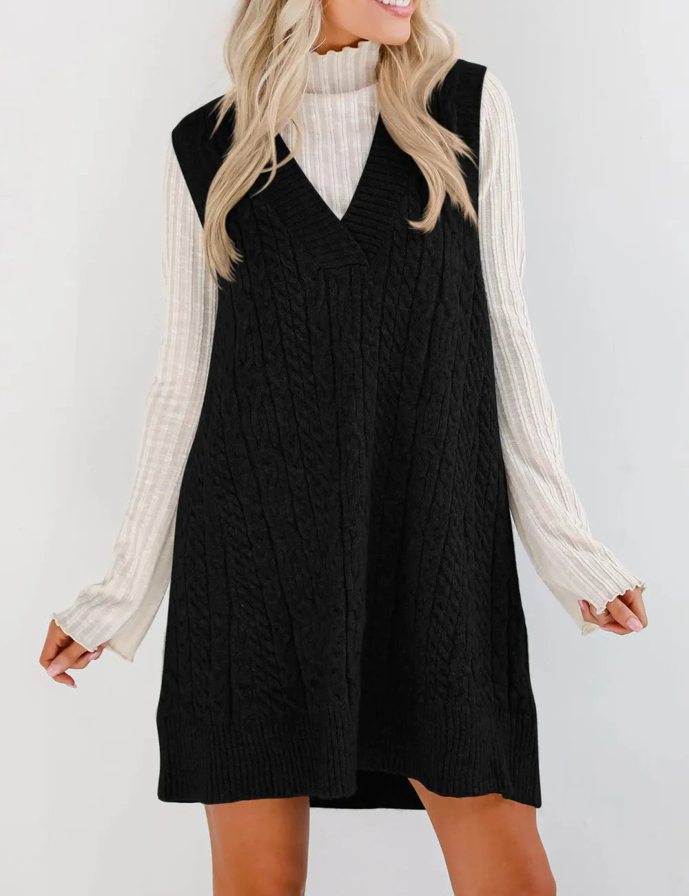 Black Lovelet Cable Knit V-Neck Mini Sweater Overall Dress | Mini Dresses Daverri Fashions