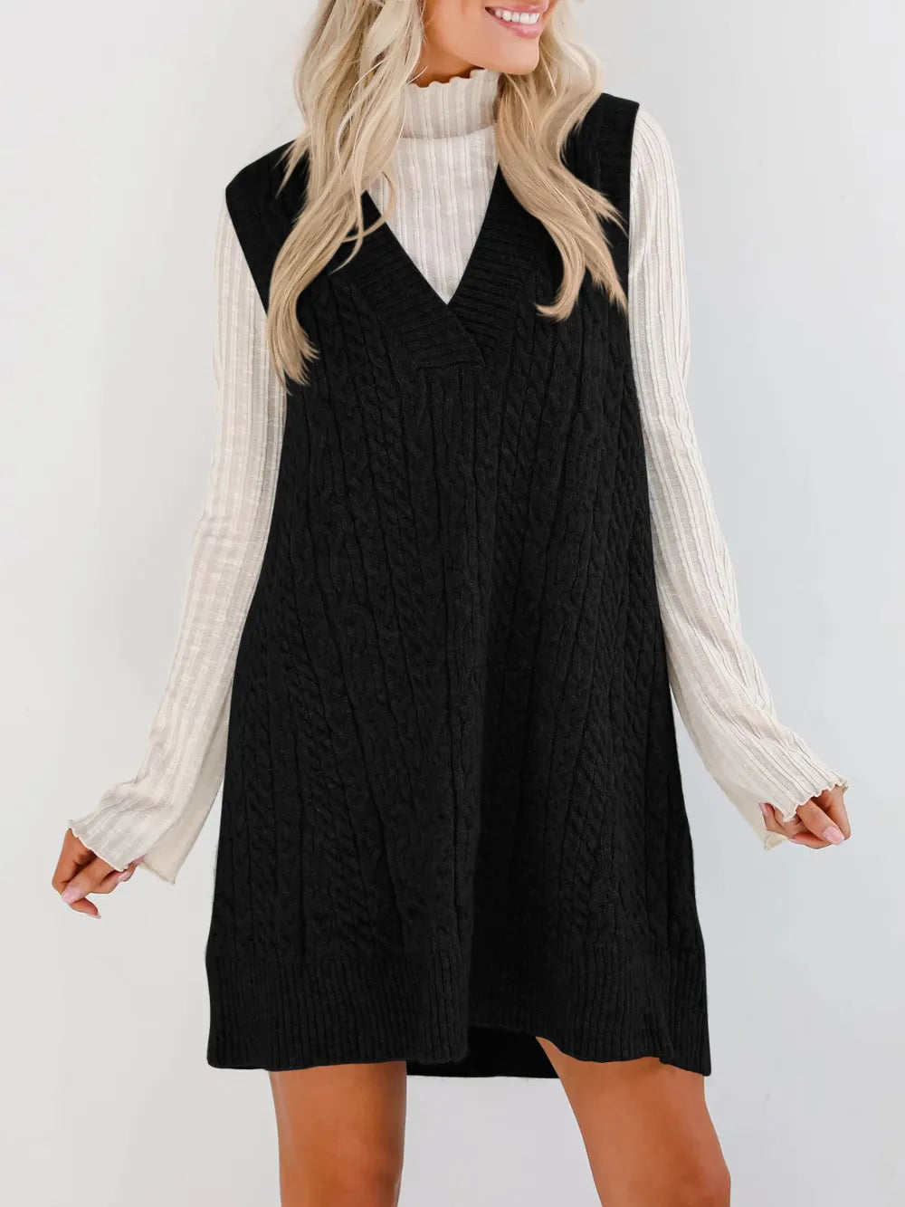 Black Lovelet Cable Knit V-Neck Mini Sweater Overall Dress | Mini Dresses Daverri Fashions
