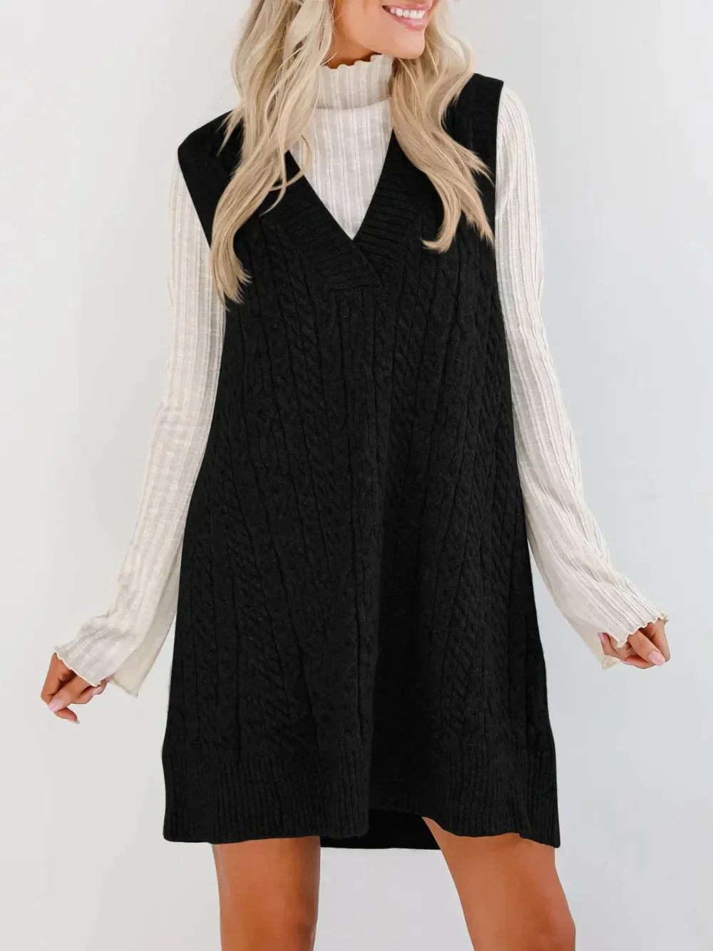 Lovelet Cable Knit V-Neck Mini Sweater Overall Dress - DAVERRI FASHIONS