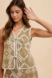 YELLOW GREEN MULTI Annie Wear Ethnic Woven Jacquard Tie Front Vest | Vests Daverri Fashions