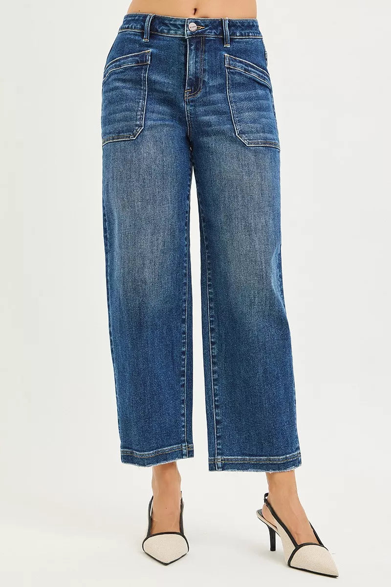 RISEN slouchy cropped baggy jeans in blue denim with frayed hems