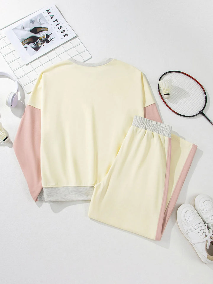 Color Block Round Neck Top and Pants Set | Loungewear Sets Daverri Fashions
