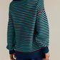 Striped round neck long sleeve sweater in teal navy with red trim