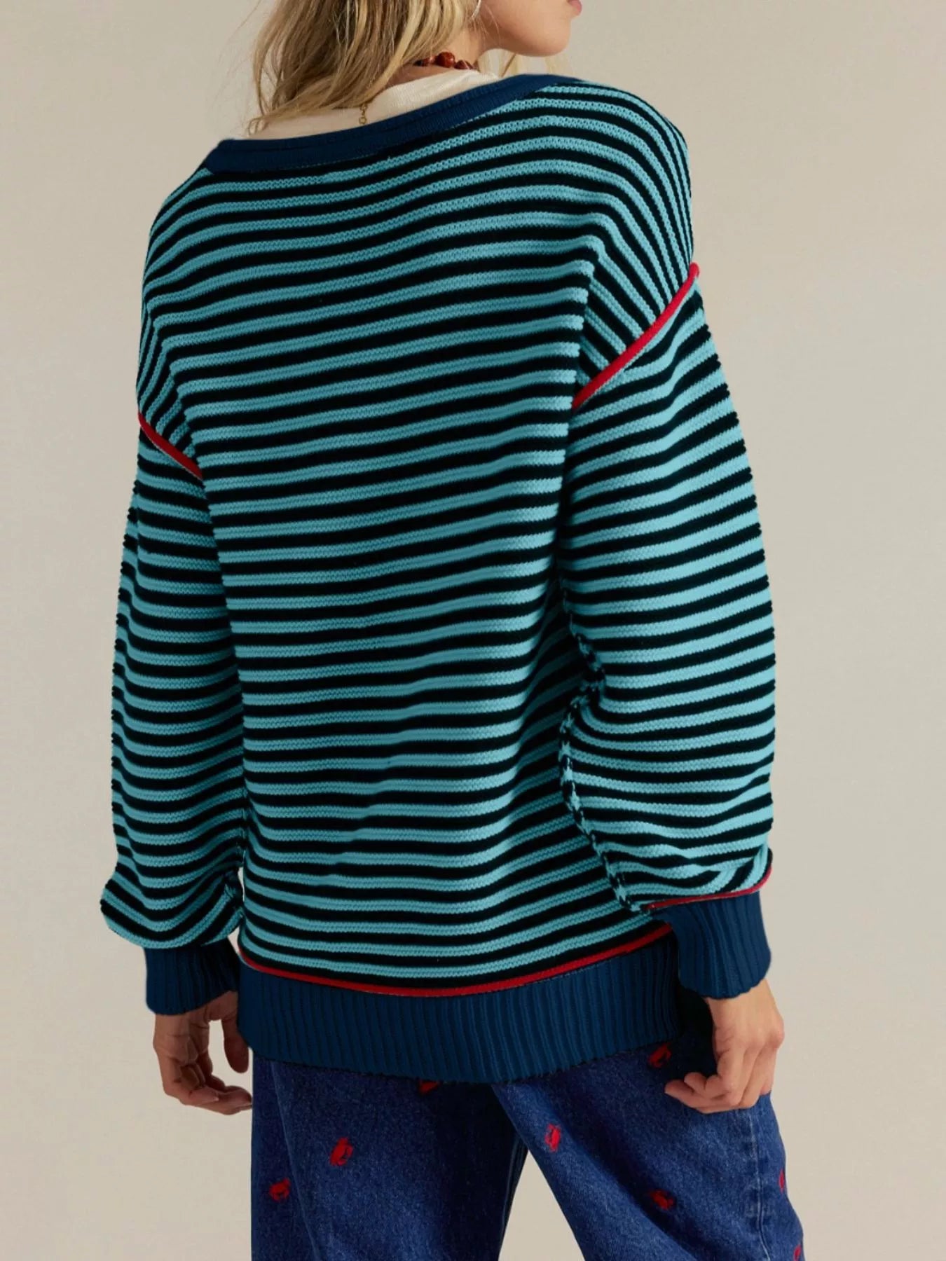 Striped round neck long sleeve sweater in teal navy with red trim