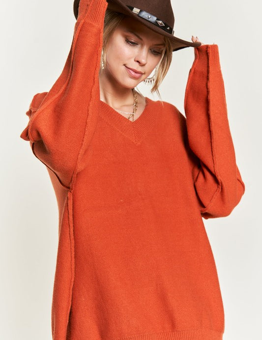 ORANGE Plus Size V-Neck Oversized Sweater | Sweaters Daverri Fashions