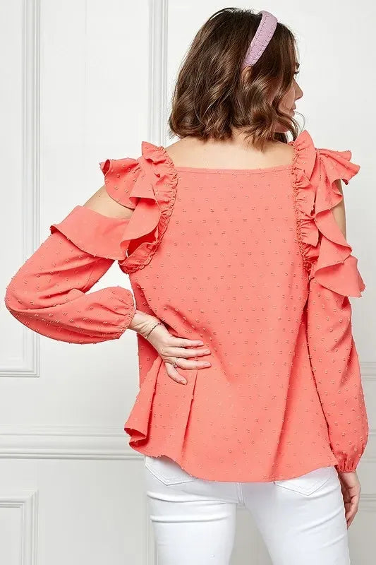 Lime 'N' Chili Ruffle Trim Cold Shoulder Swiss Dot Blouse - DAVERRI FASHIONS