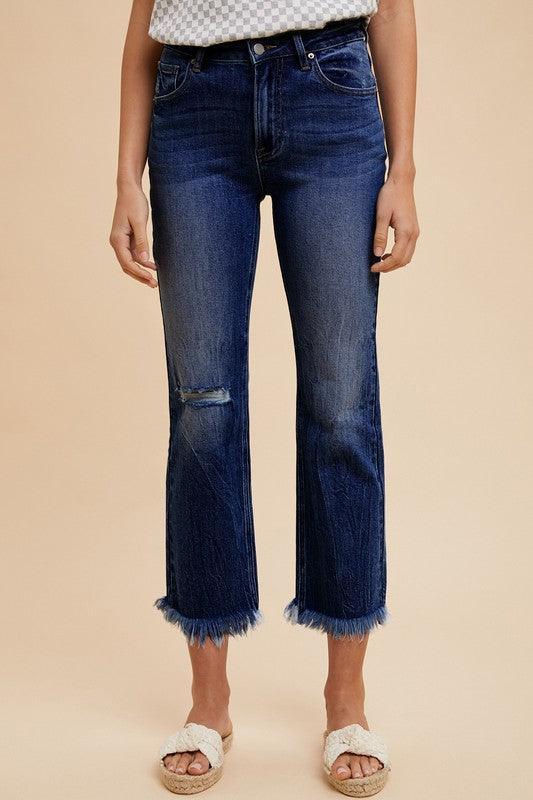 Annie Wear Distressed Raw Hem Straight Leg Cropped Jeans - DAVERRI FASHIONS