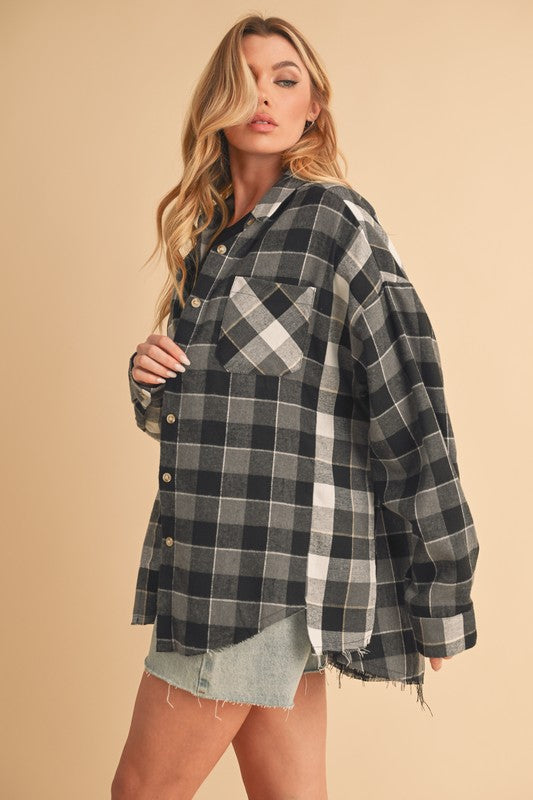 Aemi + Co Frayed Hem Plaid Button Up Flannel Shirt