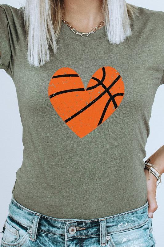 Distressed Basketball Hearts Sports Graphic Tee Heather Olive Graphic Tees