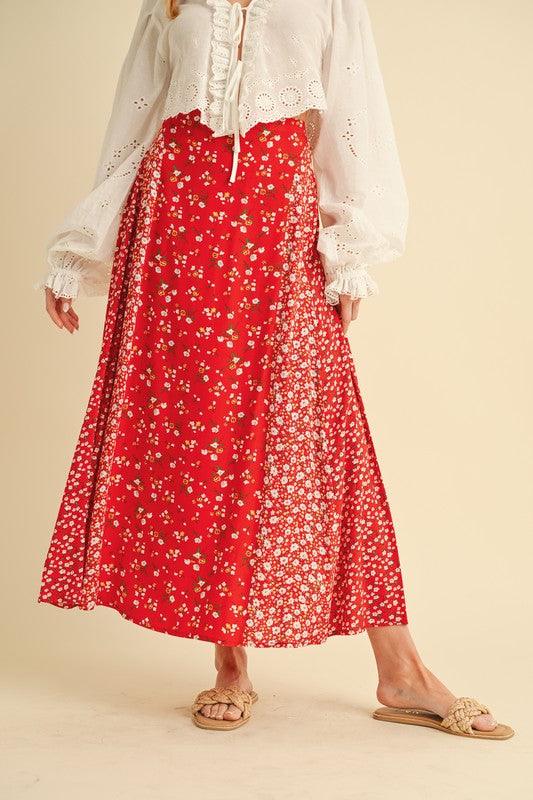 Red L Aemi + Co Floral Elastic Waist Maxi Skirt | Maxi Skirts Daverri Fashions
