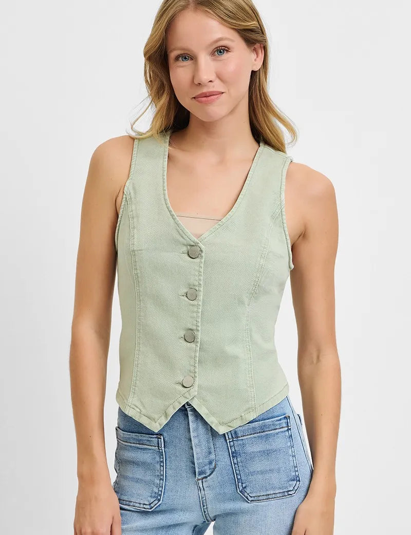 Pistachio RISEN Full Size V Neck Button Down Vest Plus Size | Daverri Fashions