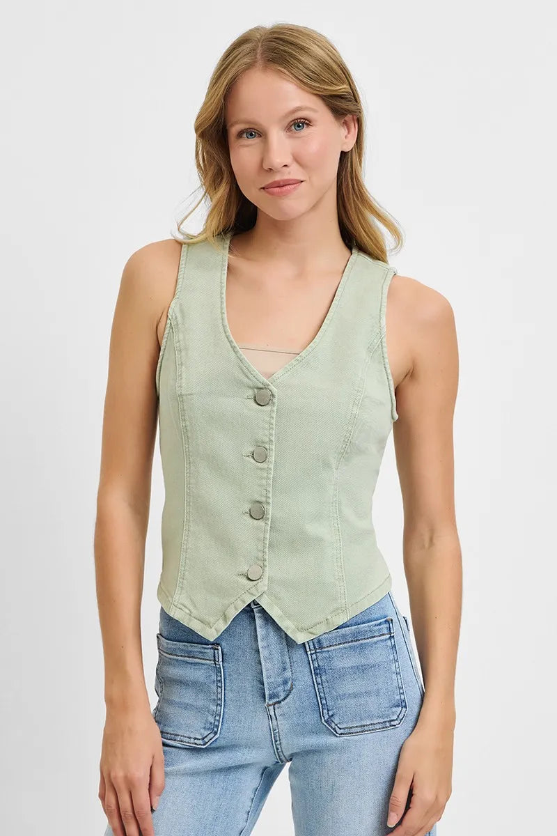 RISEN Full Size V Neck Button Down Vest Plus Size Pistachio