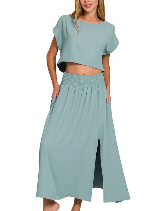Zenana Heavy Woven Span Crop Tee & Skirt Set | Outfit Sets Daverri Fashions