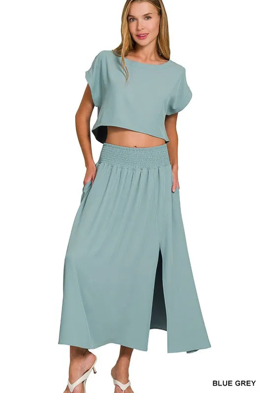 Zenana Heavy Woven Span Crop Tee & Skirt Set Outfit Sets