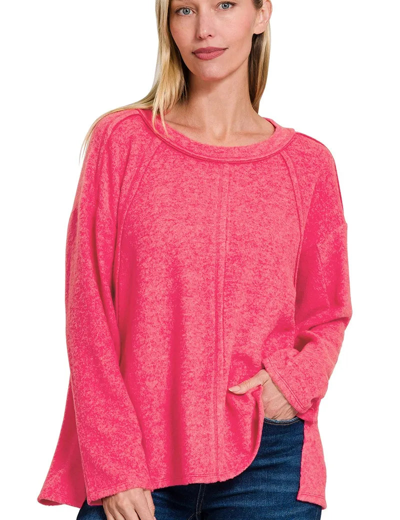 HOT PINK Zenana Brushed Hacci Exposed Seam Hi Low Sweater | Daverri Fashions