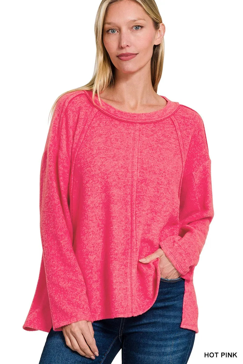 HOT PINK Zenana Brushed Hacci Exposed Seam Hi Low Sweater | Daverri Fashions
