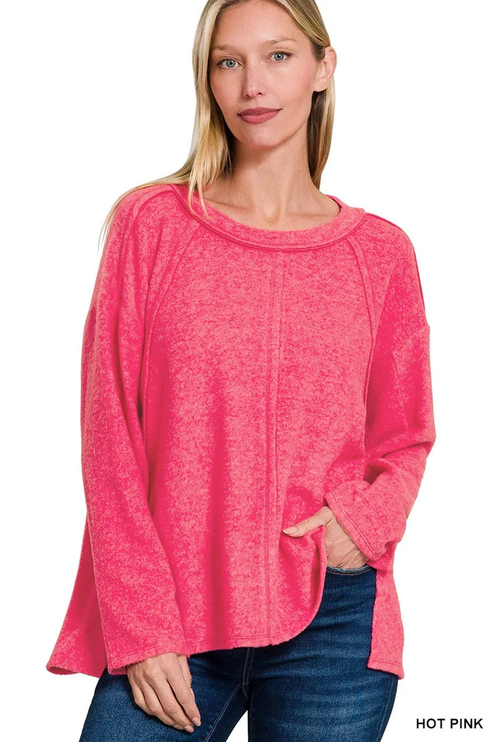 HOT PINK Zenana Brushed Hacci Exposed Seam Hi Low Sweater | Daverri Fashions