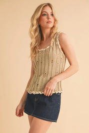 Aemi+Co Distressed Detail Round Neck Knit Tank | Daverri Fashions