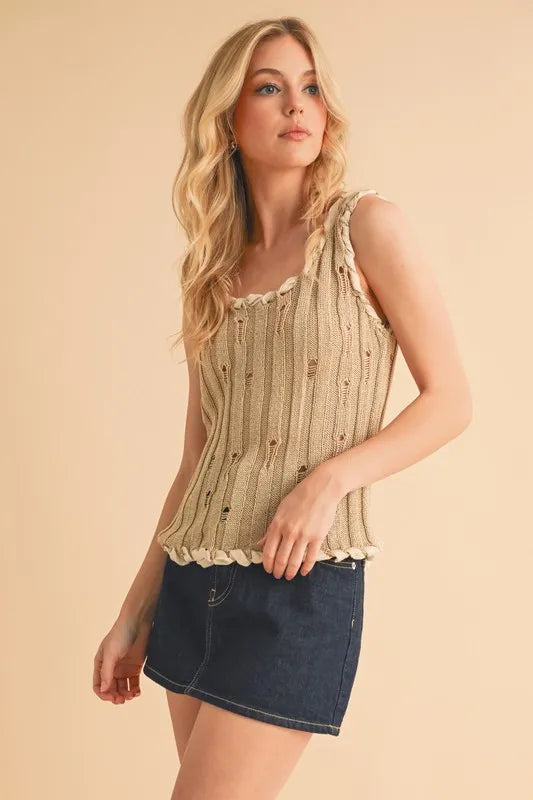Aemi+Co Distressed Detail Round Neck Knit Tank | Daverri Fashions