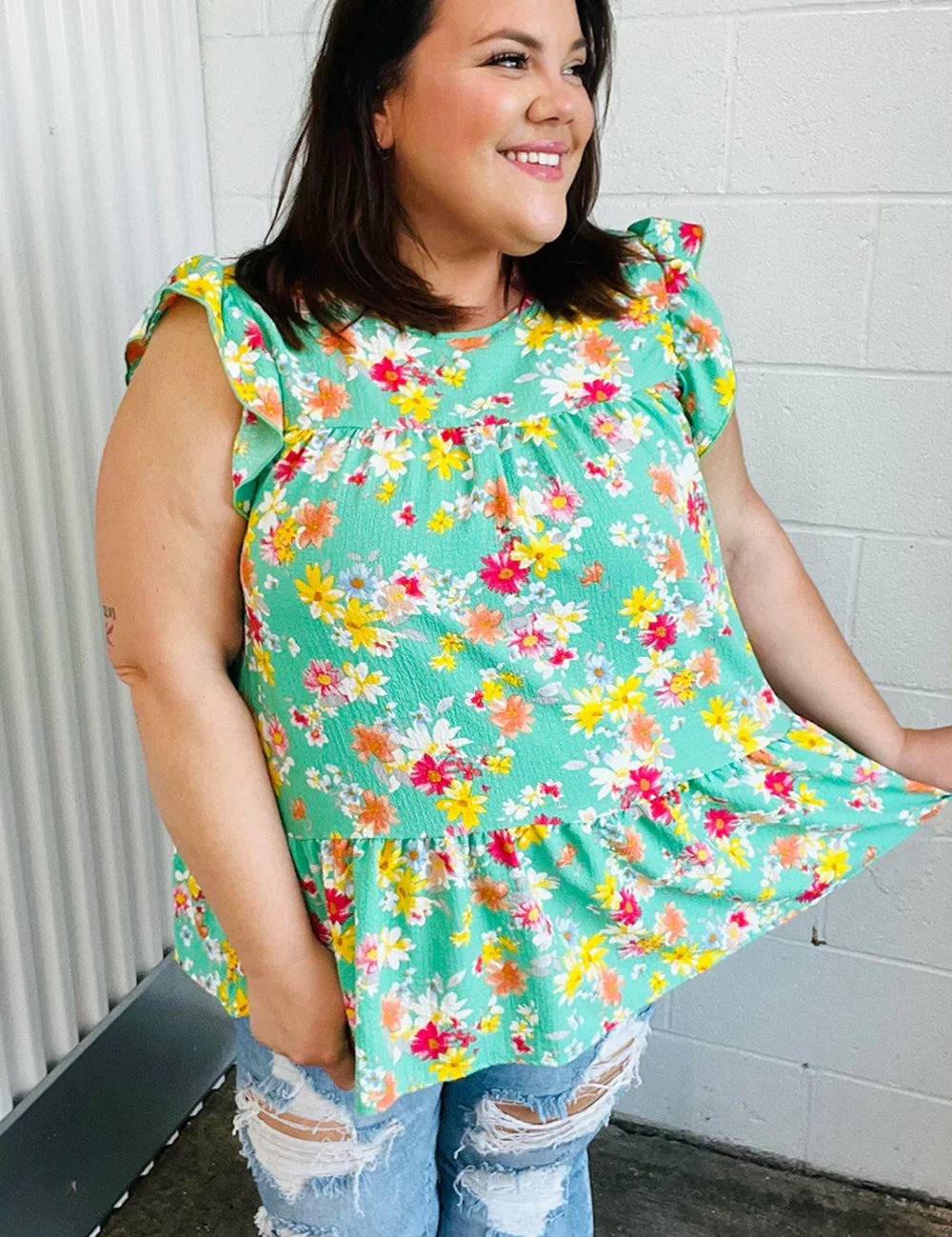 Mint Floral Yoke Flutter Sleeve Keyhole Back Top | Daverri Fashions