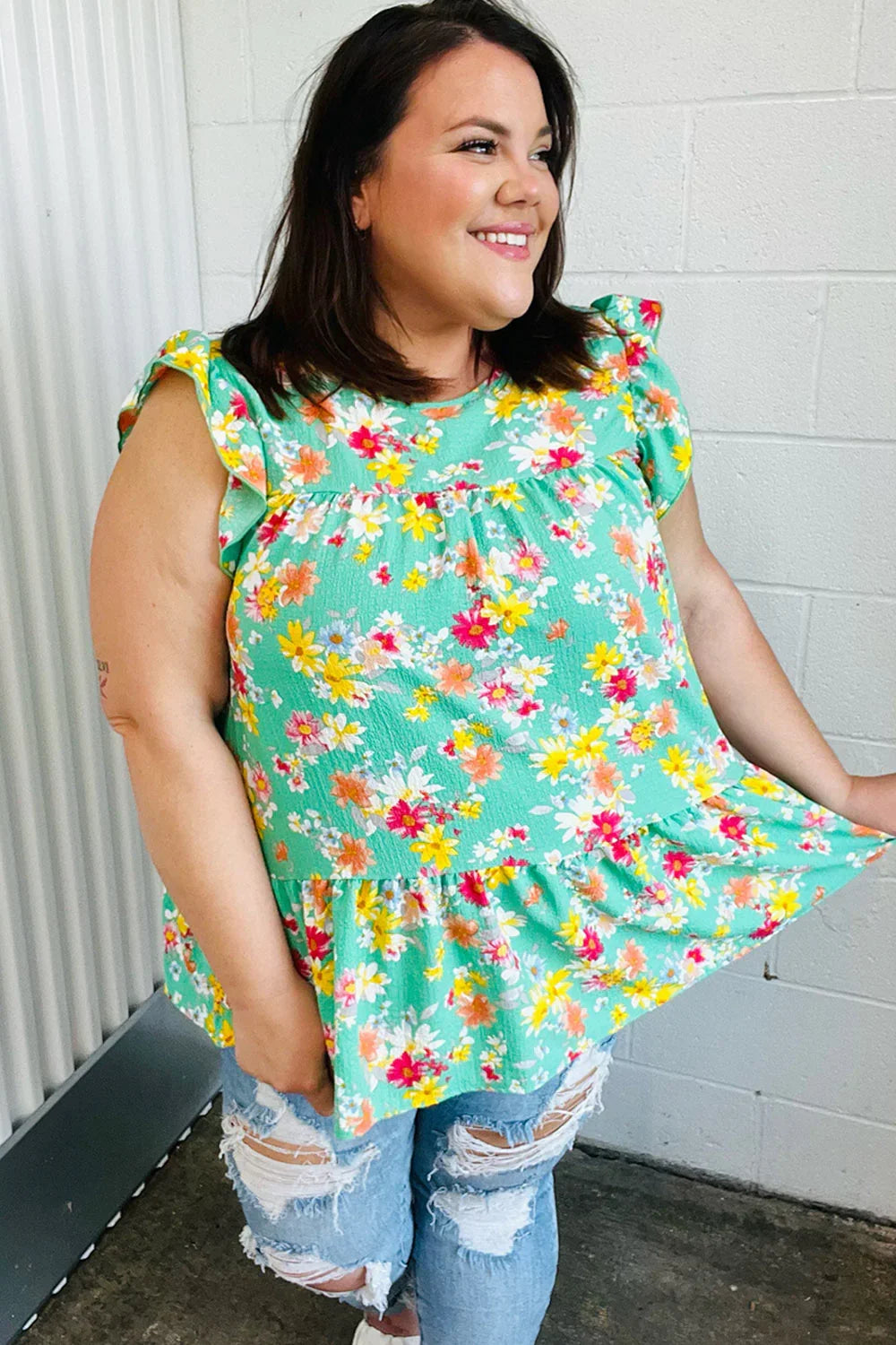 Mint Floral Yoke Flutter Sleeve Keyhole Back Top | Daverri Fashions