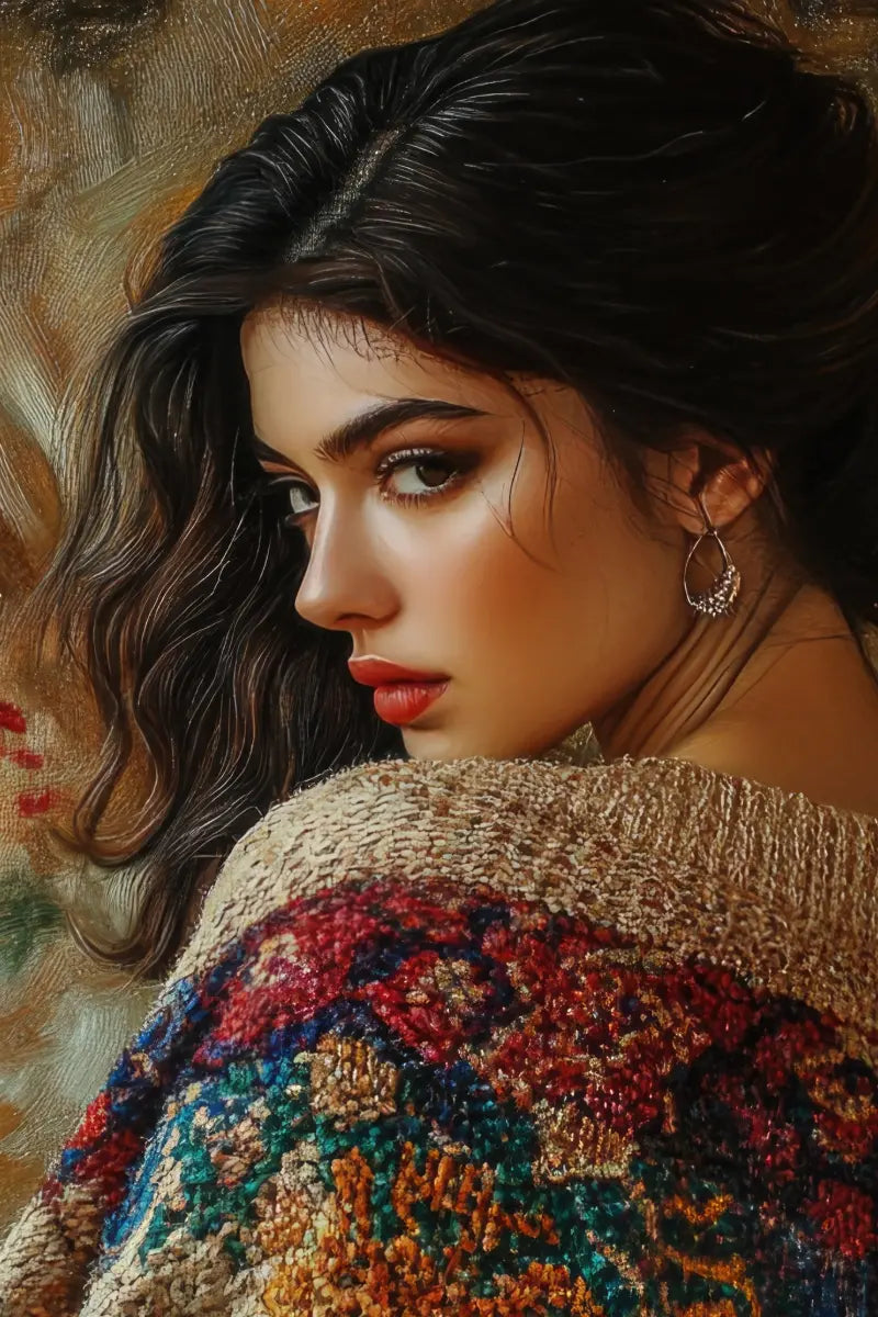 Woman wearing a patterned sweater with a warm, earthy background