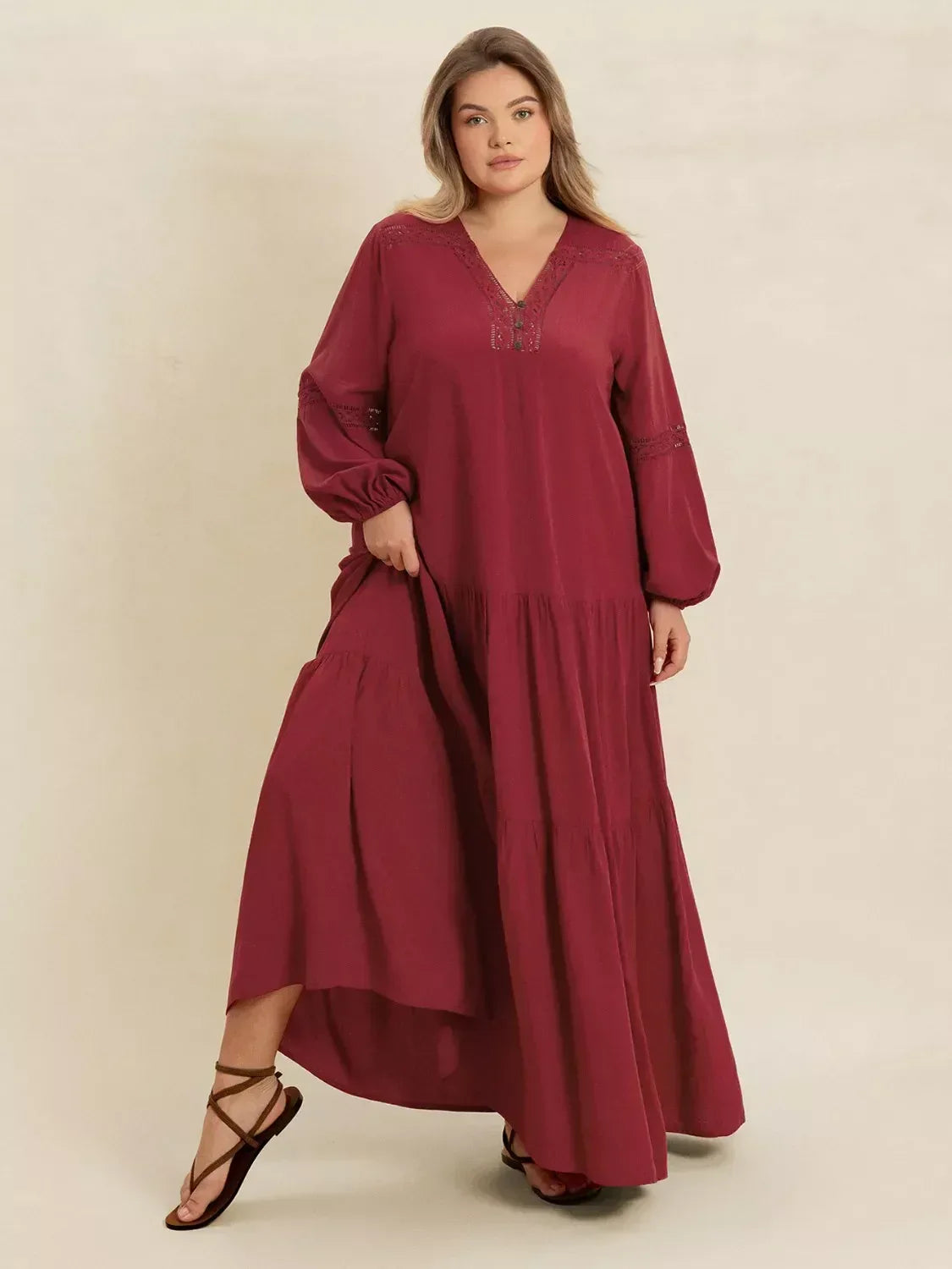 Plus Size Bohemian Tiered Maxi Dress with Balloon Sleeves - DAVERRI FASHIONS