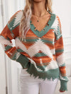 Daverri Fashions geometric frayed hem V-neck long sleeve sweater in orange, green, cream