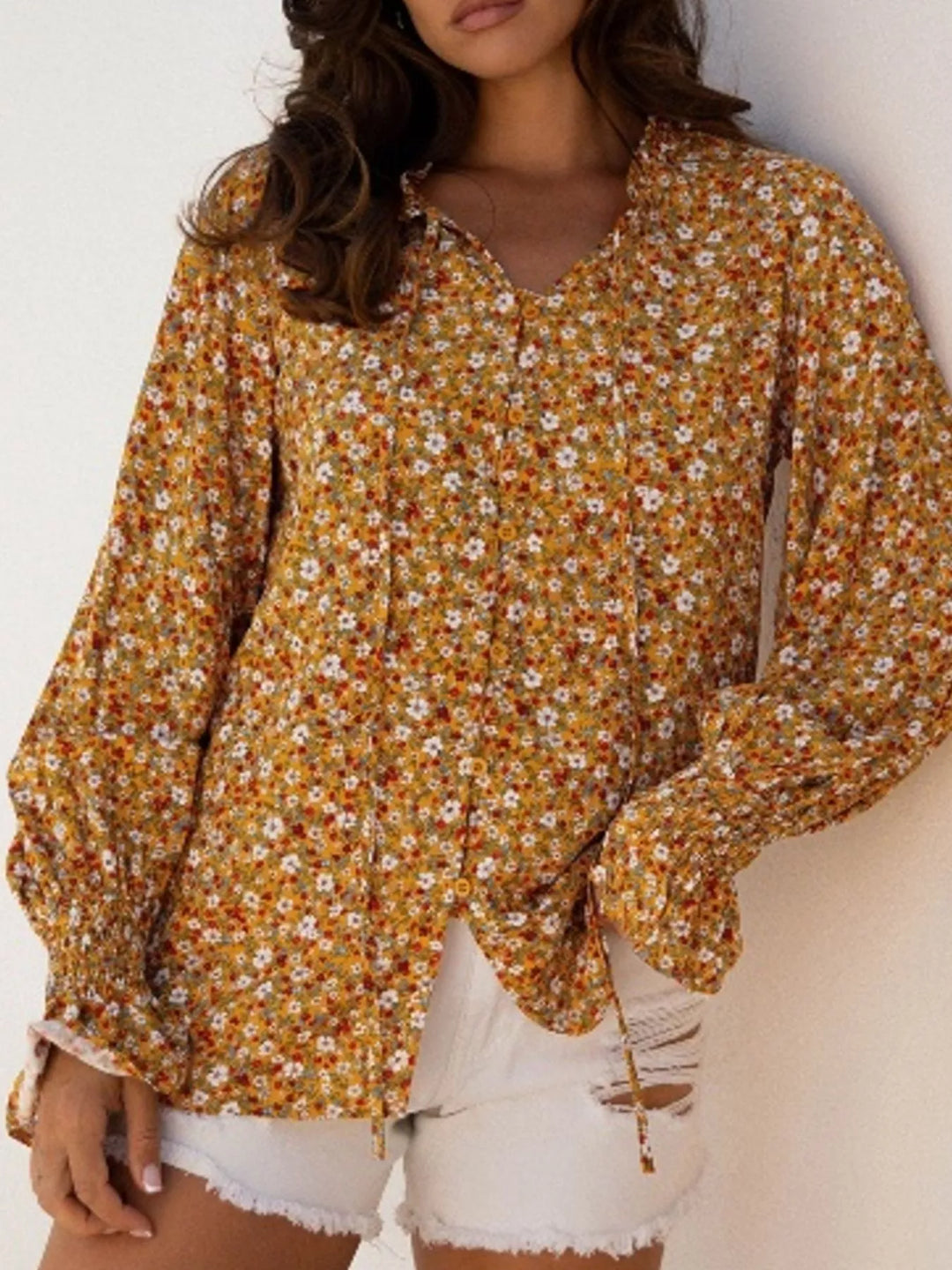 Floral Ruffled Bubble Sleeve Tie Neck Blouse | Blouses Daverri Fashions