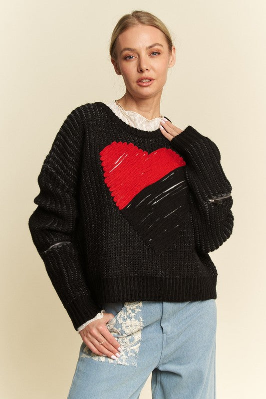 Davi & Dani Contrast Heart Dropped Shoulder Sweater Black Sweaters