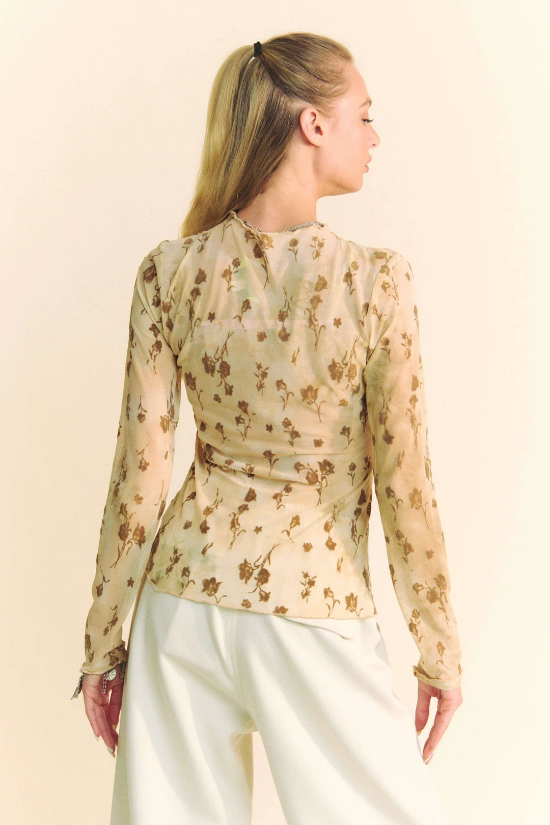 Davi & Dani Floral Mesh Long Sleeve Sheer Layering Top Tops