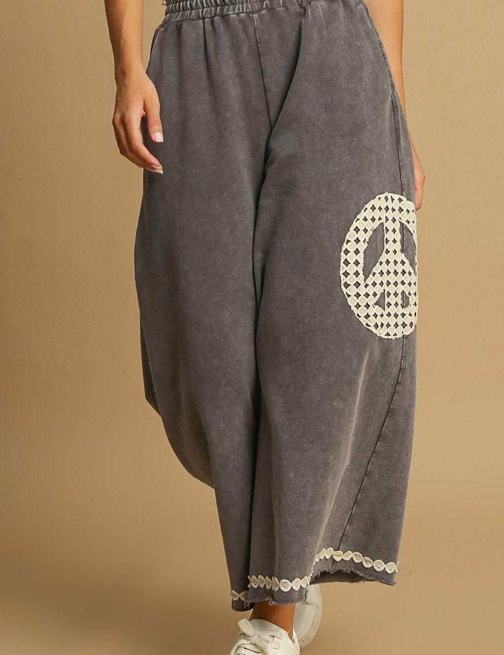CHARCOAL 1XL Umgee Full Size Peace Lace Applique Mineral Wash Wide Leg Pants | Pants Daverri Fashions