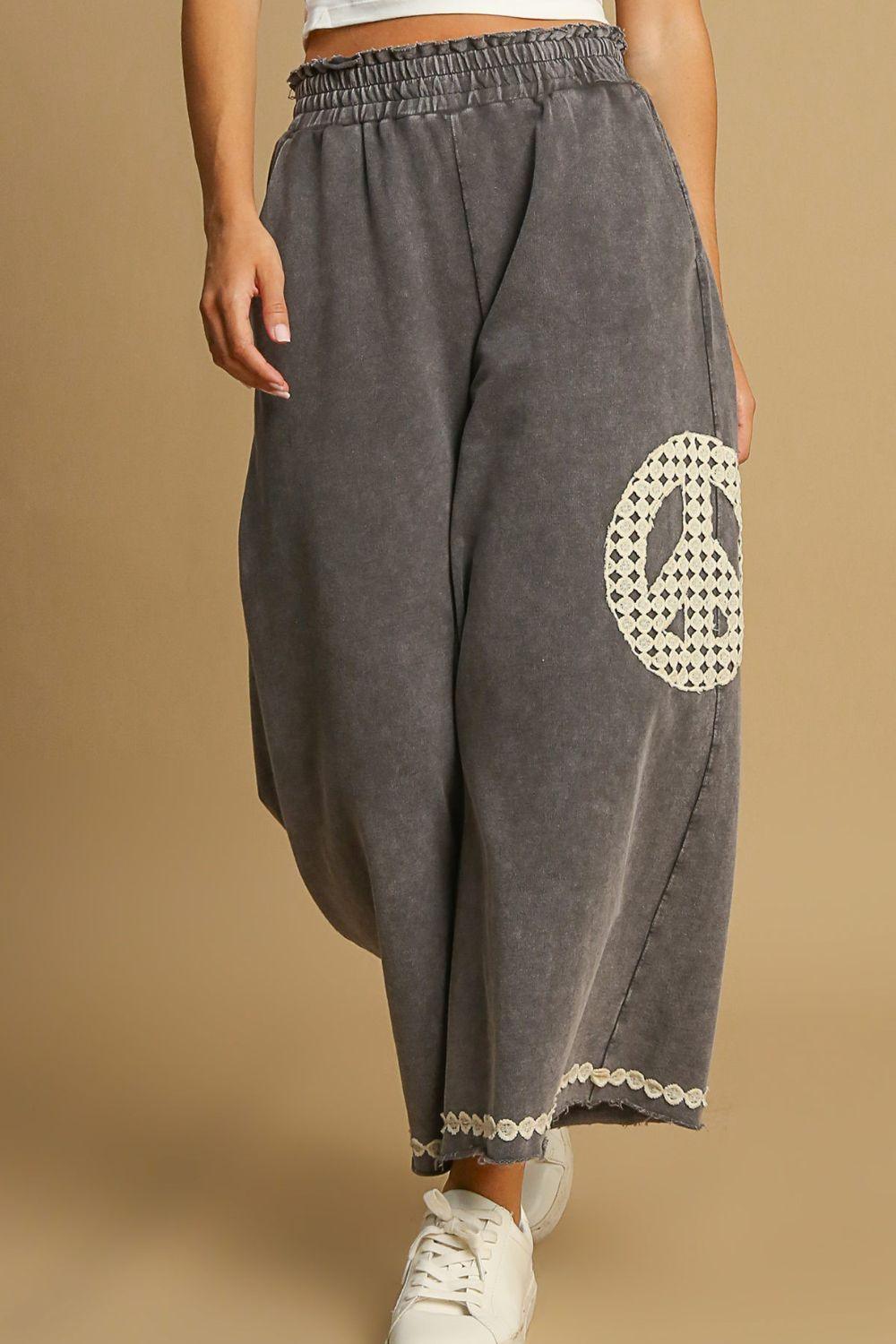 Umgee Full Size Peace Lace Applique Mineral Wash Wide Leg Pants CHARCOAL 1XL Pants