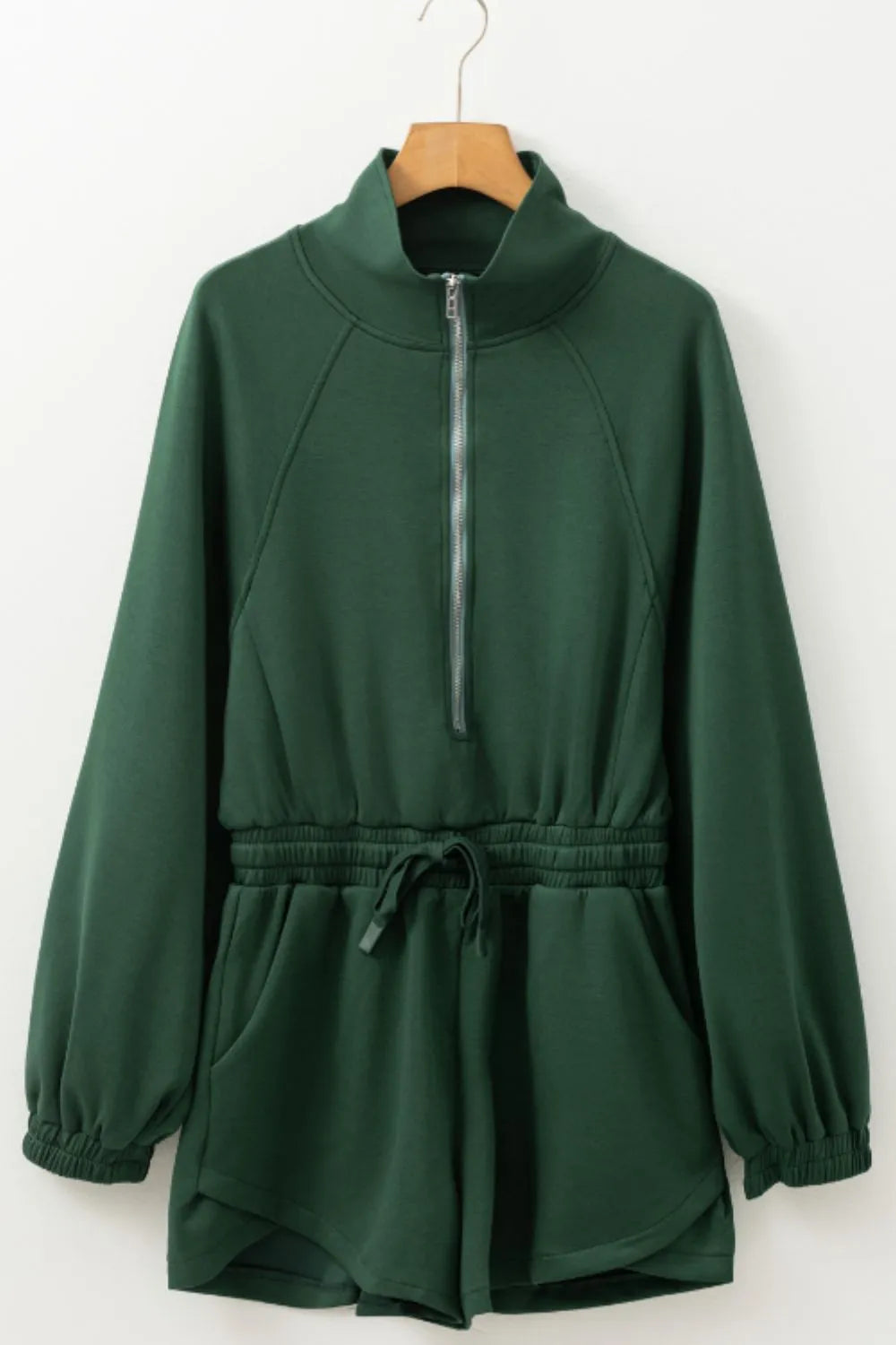 Daverri dark green drawstring half zip long sleeve romper
