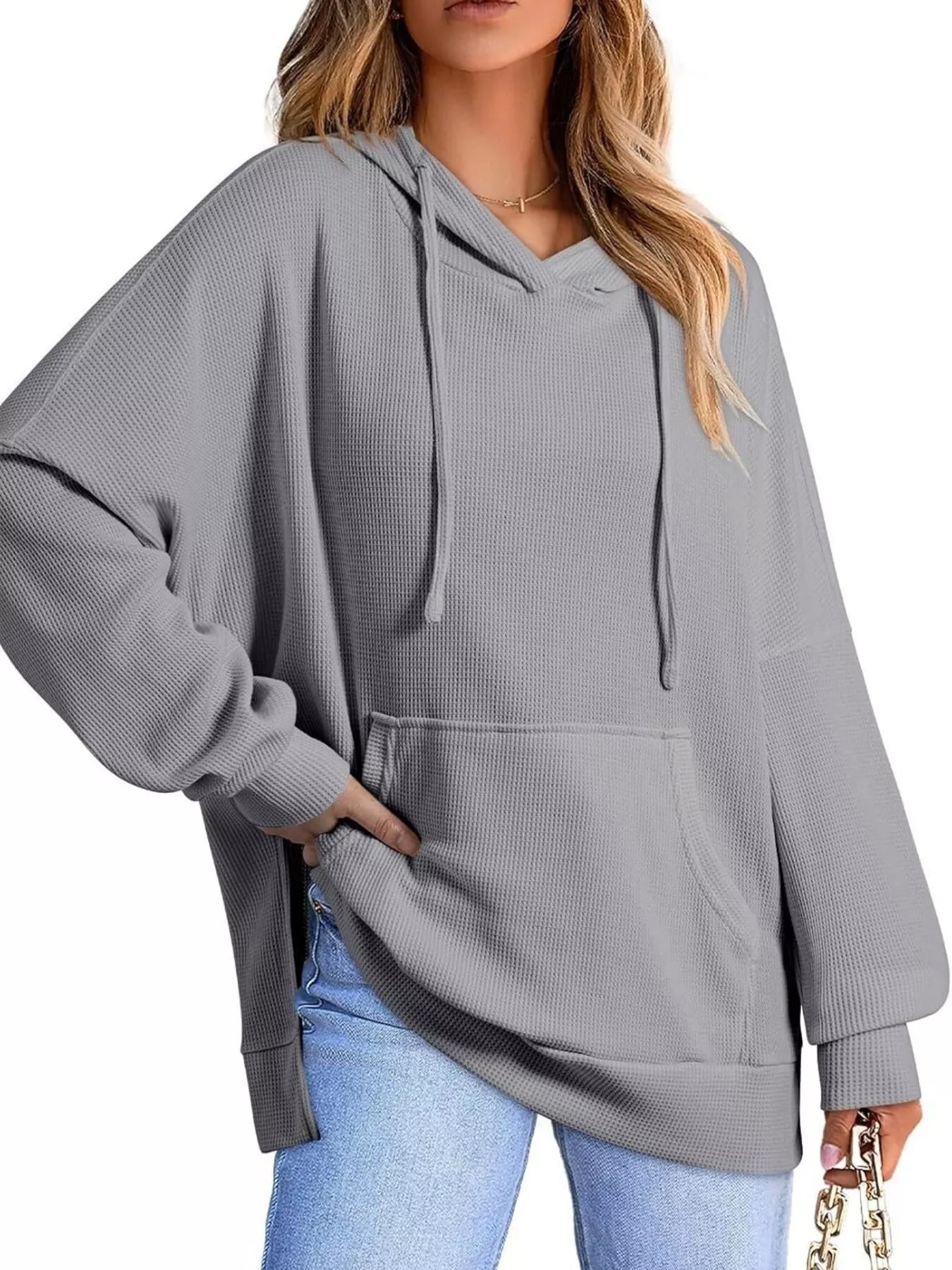 Gray ribbed knit oversized drawstring side slit hoodie by Daverri Fashions