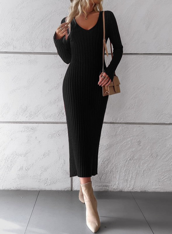 Ribbed long sleeve midi dress Black Mid Dresses