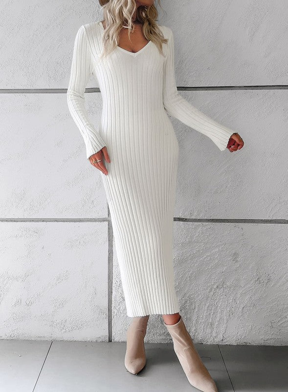 Ribbed long sleeve midi dress white Mid Dresses