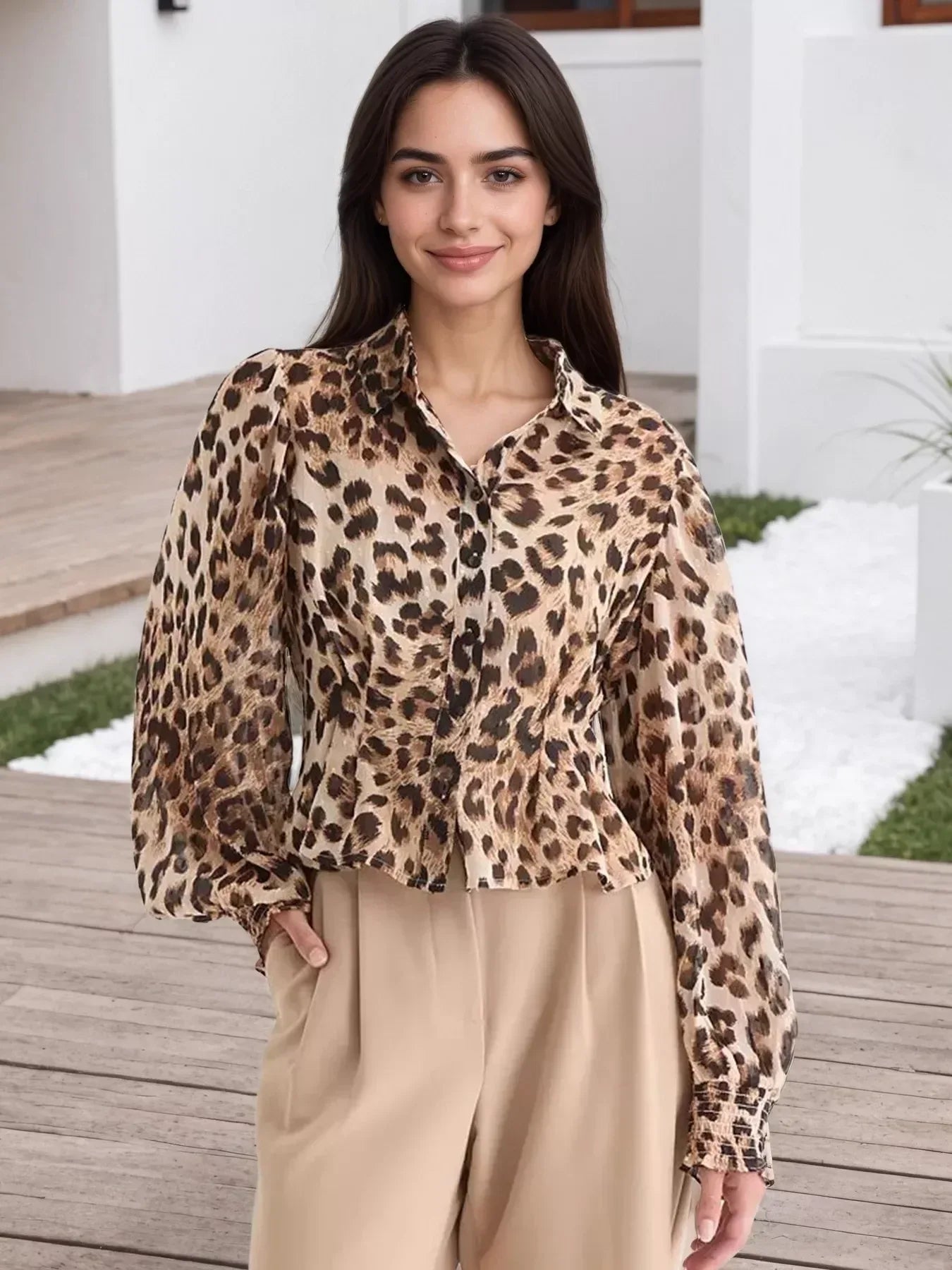 Leopard Button Up Shirt - DAVERRI FASHIONS