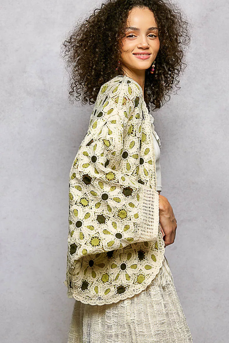 POL Open Front Floral Crochet Cardigan in cream with green and brown patterns