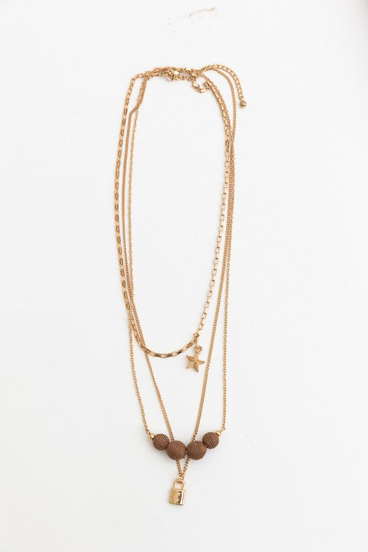 Three Layered Rustic Gold Charmed Necklace Gold OS Necklaces