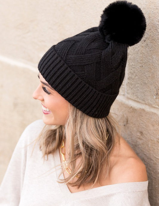 Chunky Knit Fur Pom Beanie | Daverri Fashions