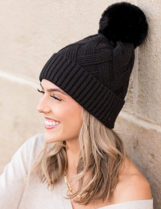 Black OneSize Chunky Knit Fur Pom Beanie | Daverri Fashions