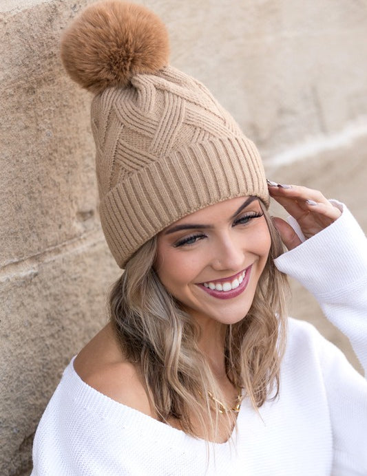 Camel OneSize Chunky Knit Fur Pom Beanie | Daverri Fashions
