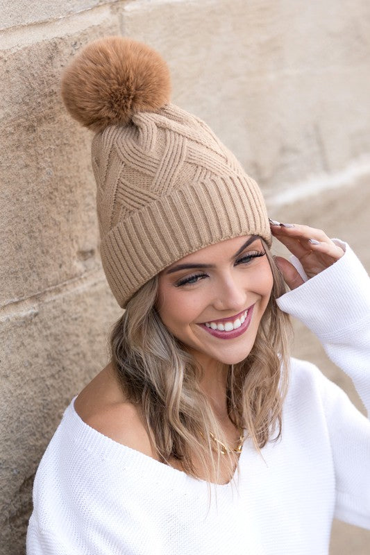 Camel OneSize Chunky Knit Fur Pom Beanie | Daverri Fashions