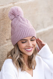 Mauve OneSize Chunky Knit Fur Pom Beanie | Daverri Fashions
