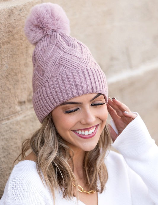 Mauve OneSize Chunky Knit Fur Pom Beanie | Daverri Fashions