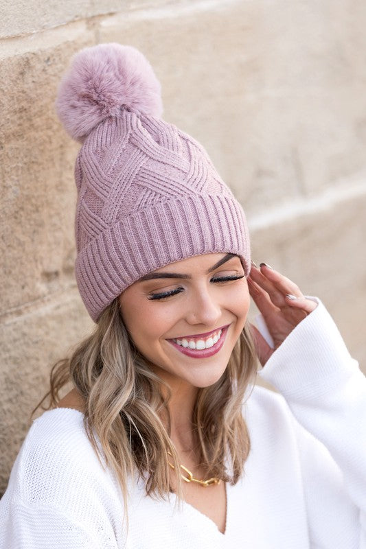 Mauve OneSize Chunky Knit Fur Pom Beanie | Daverri Fashions